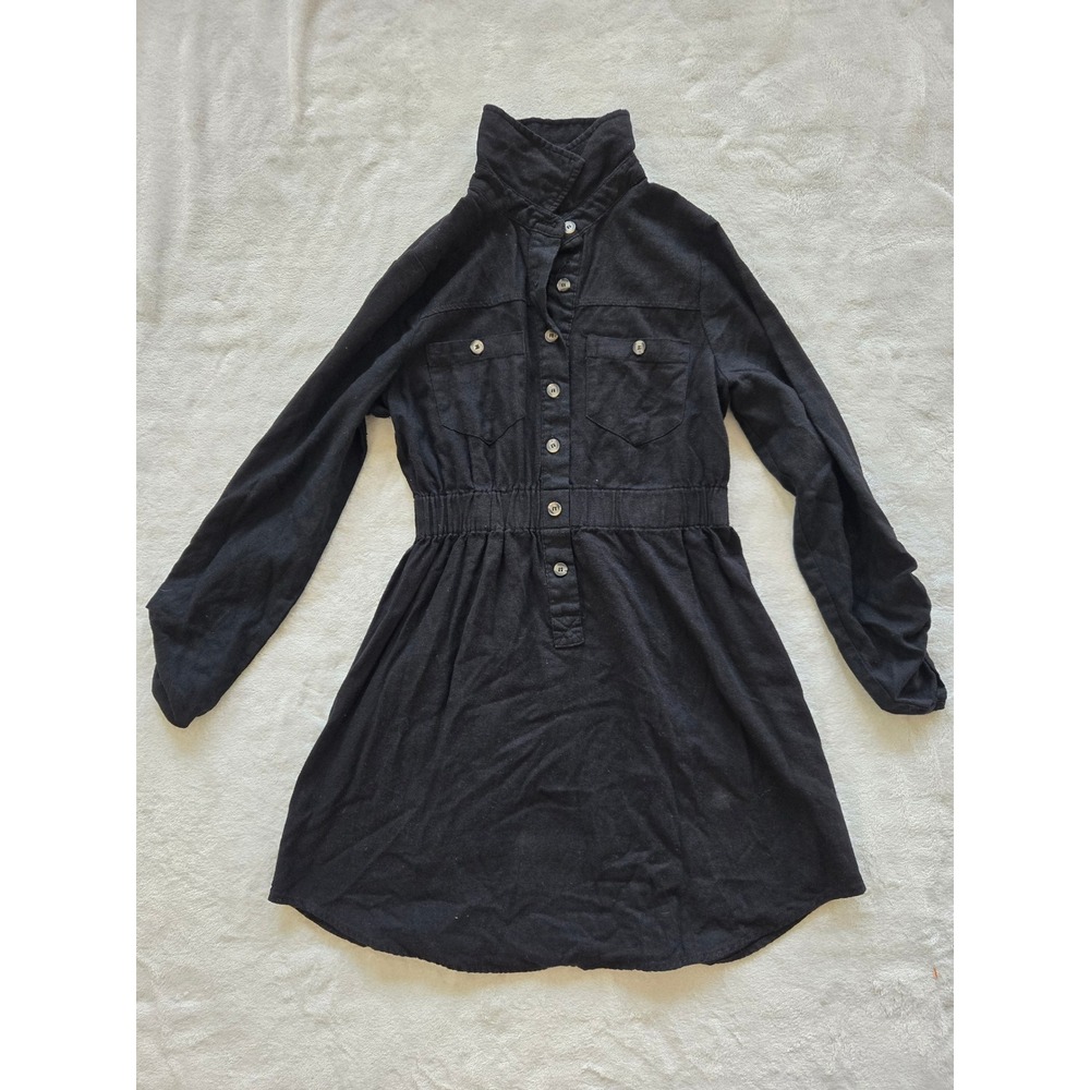 MINE Black Linen Blend Button Front Cinched Waist Mini Shirt‎ Dress  M